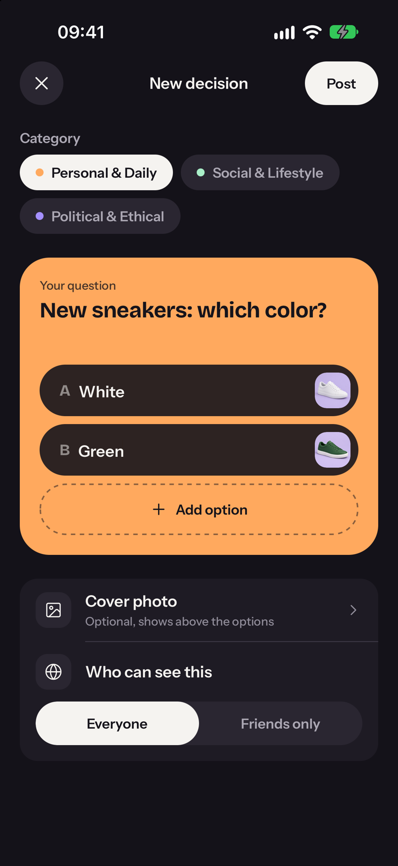 PickMe screen: creating a new decision with two options and a category