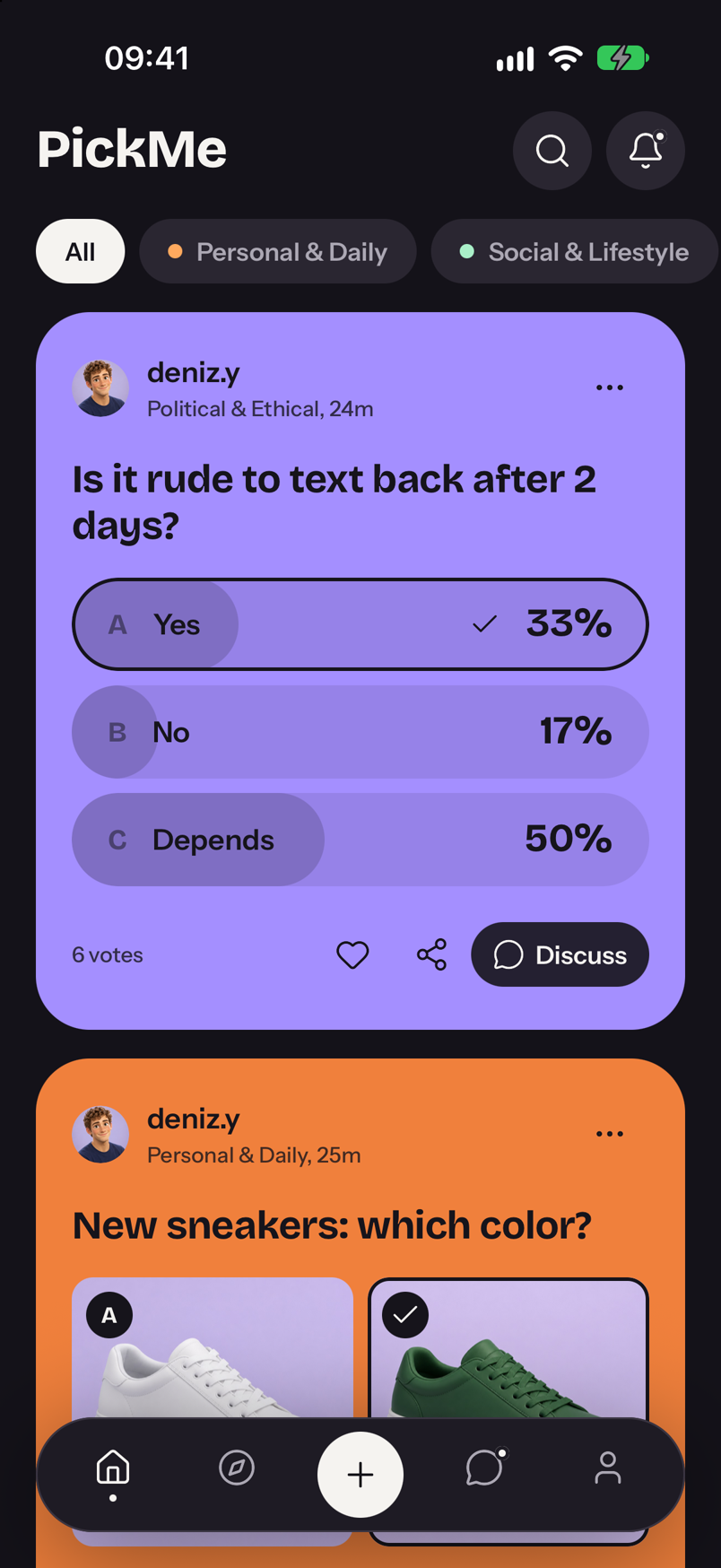 PickMe feed: colorful decision cards waiting for votes