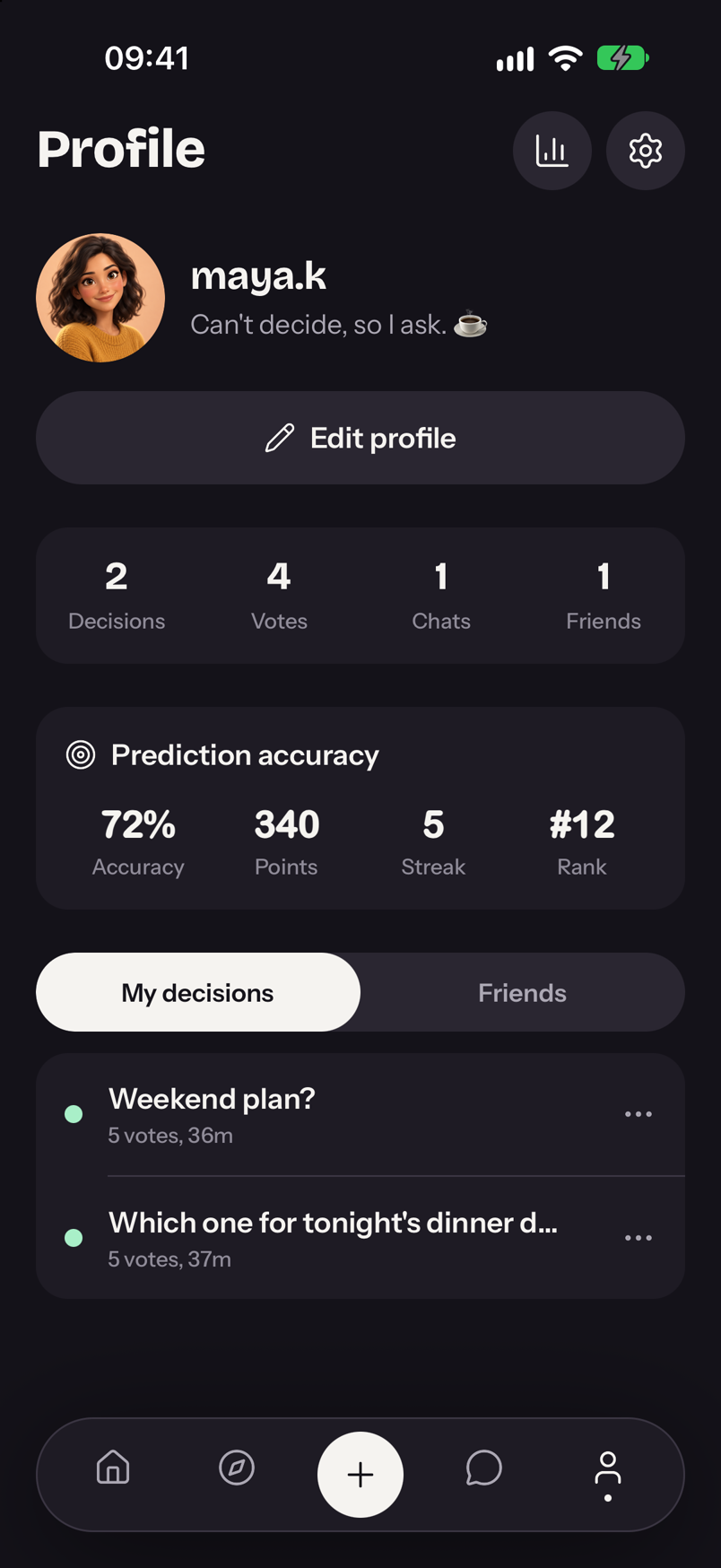 PickMe profile: prediction accuracy, points, and streak