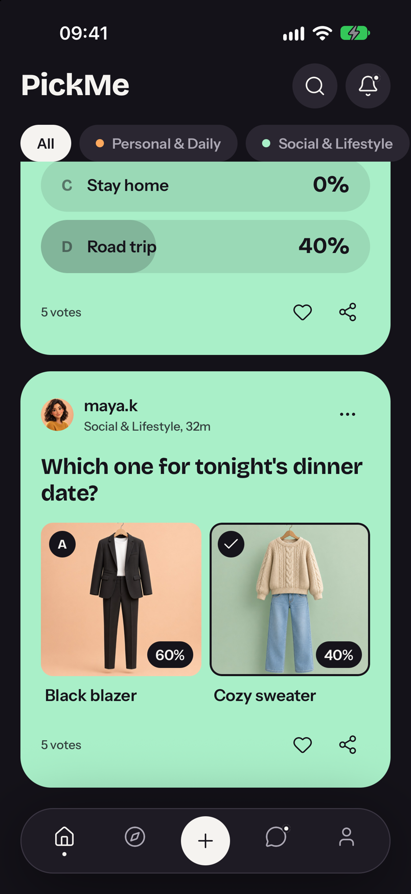 PickMe result: live percentage bars after voting